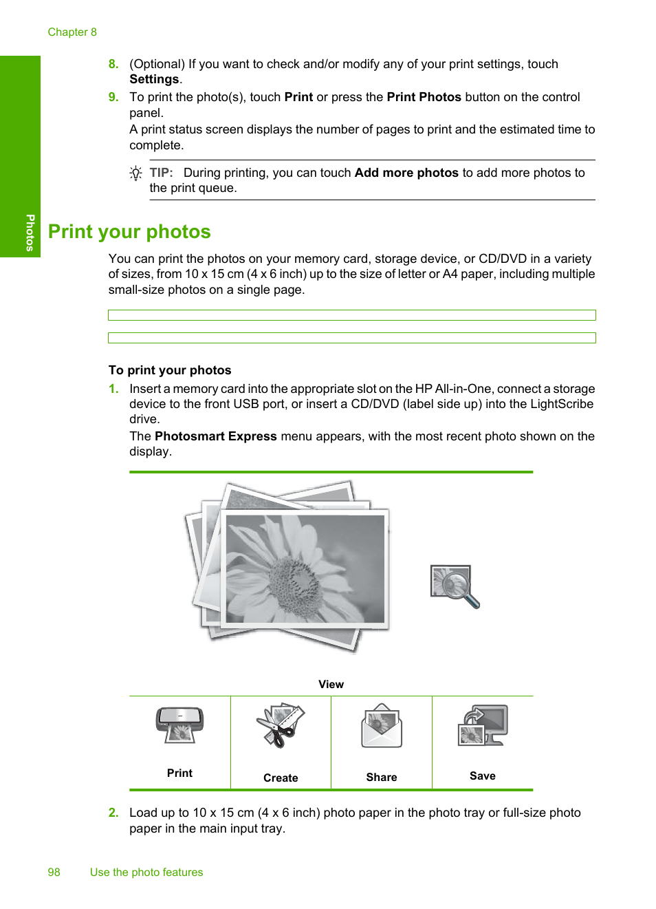 Print your photos | HP Photosmart C8180 All-in-One Printer User Manual | Page 99 / 235