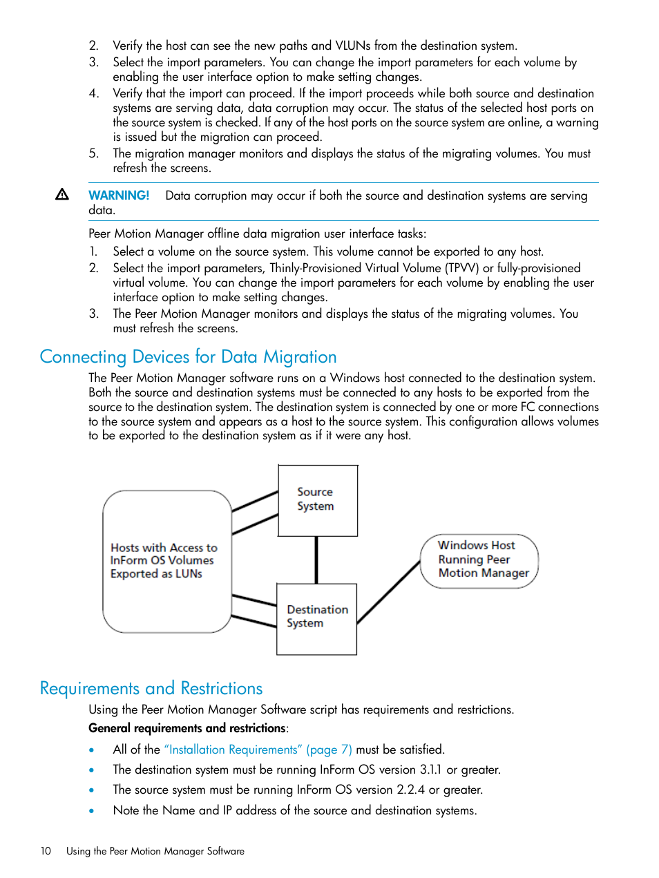 Connecting devices for data migration, Requirements and restrictions | HP 3PAR Operating System Software User Manual | Page 10 / 20