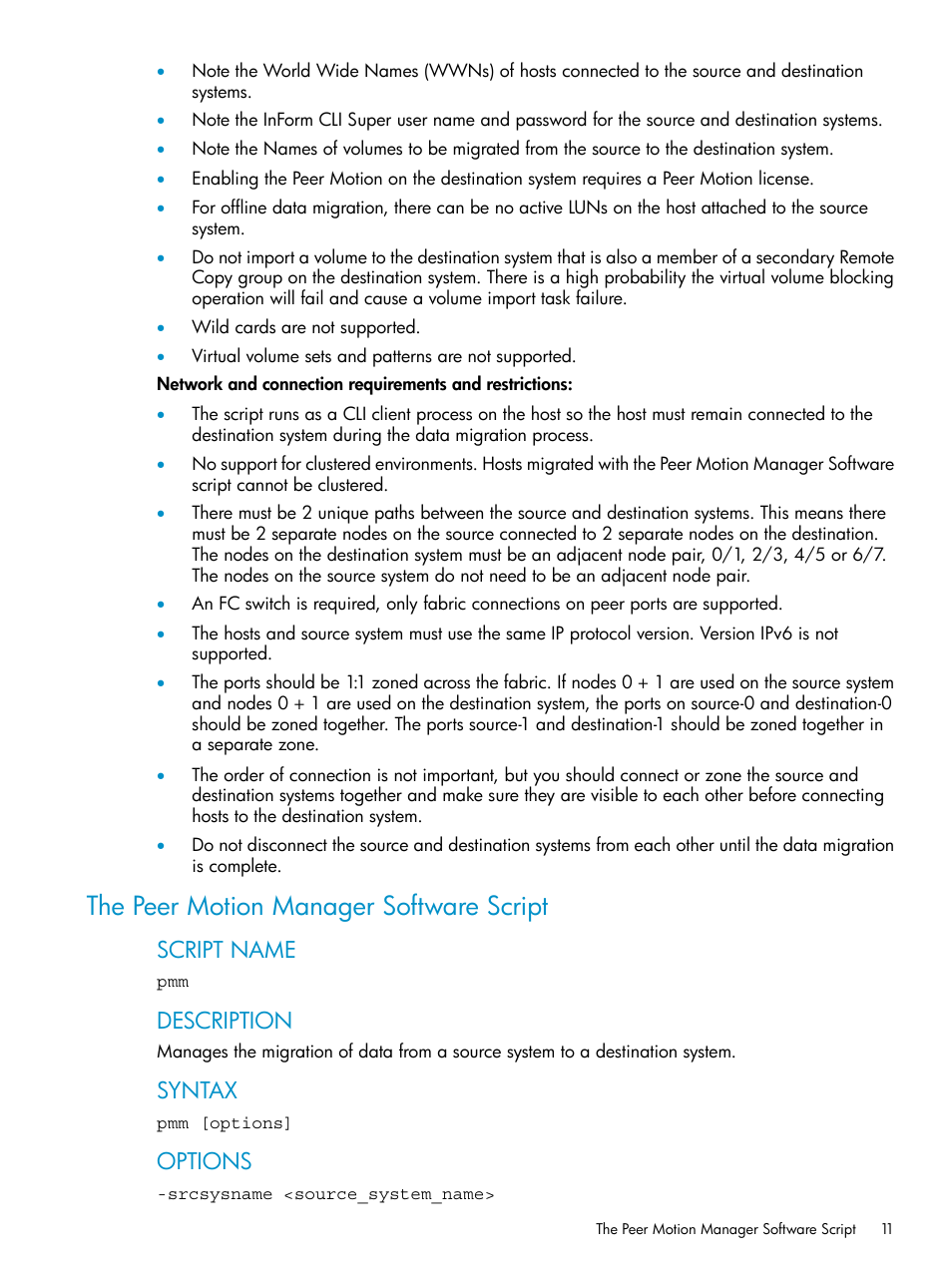 The peer motion manager software script, Script name, Description | Syntax, Options | HP 3PAR Operating System Software User Manual | Page 11 / 20