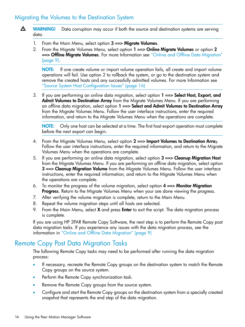 Migrating the volumes to the destination system, Remote copy post data migration tasks | HP 3PAR Operating System Software User Manual | Page 14 / 20