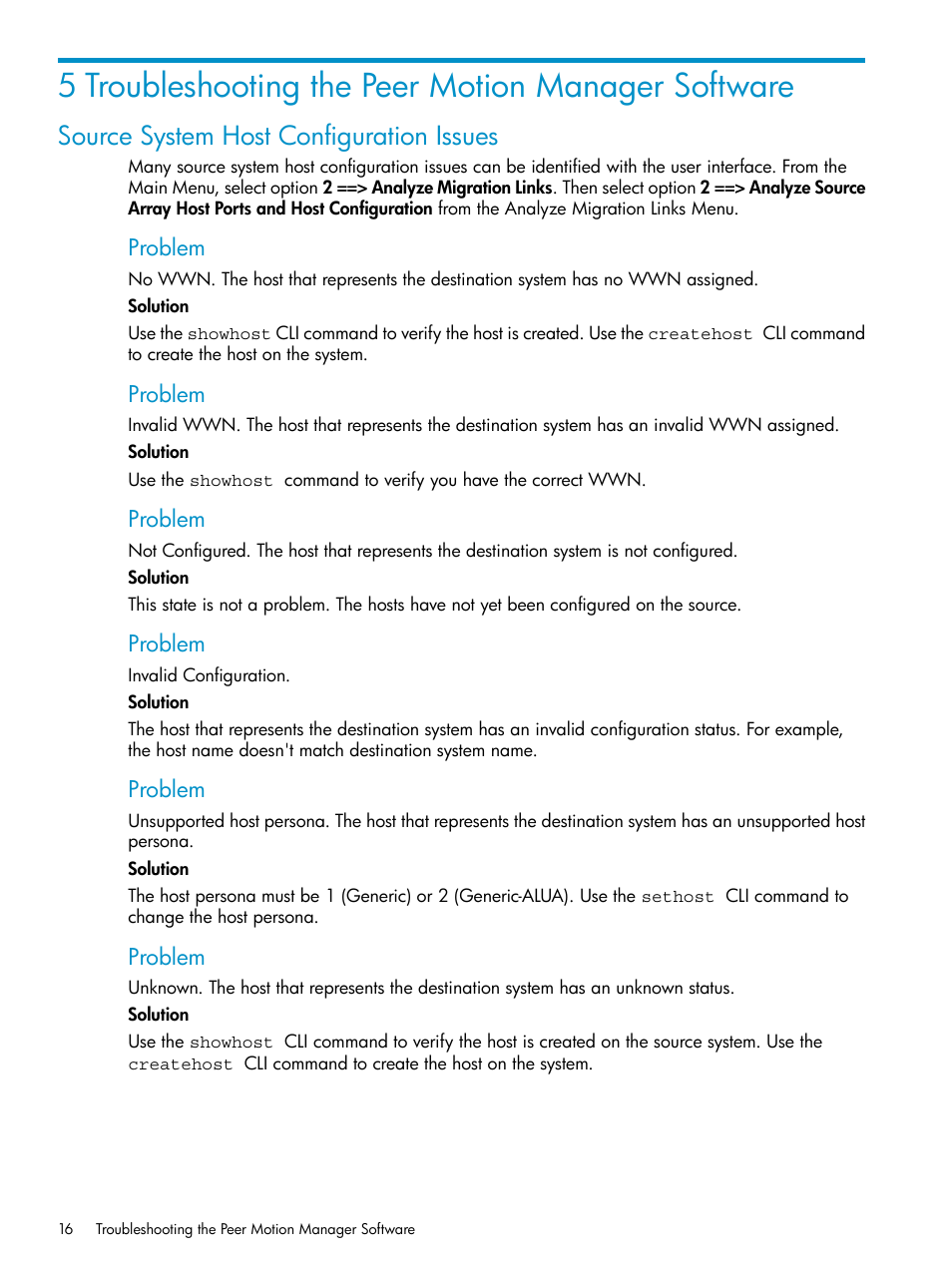 5 troubleshooting the peer motion manager software, Source system host configuration issues | HP 3PAR Operating System Software User Manual | Page 16 / 20