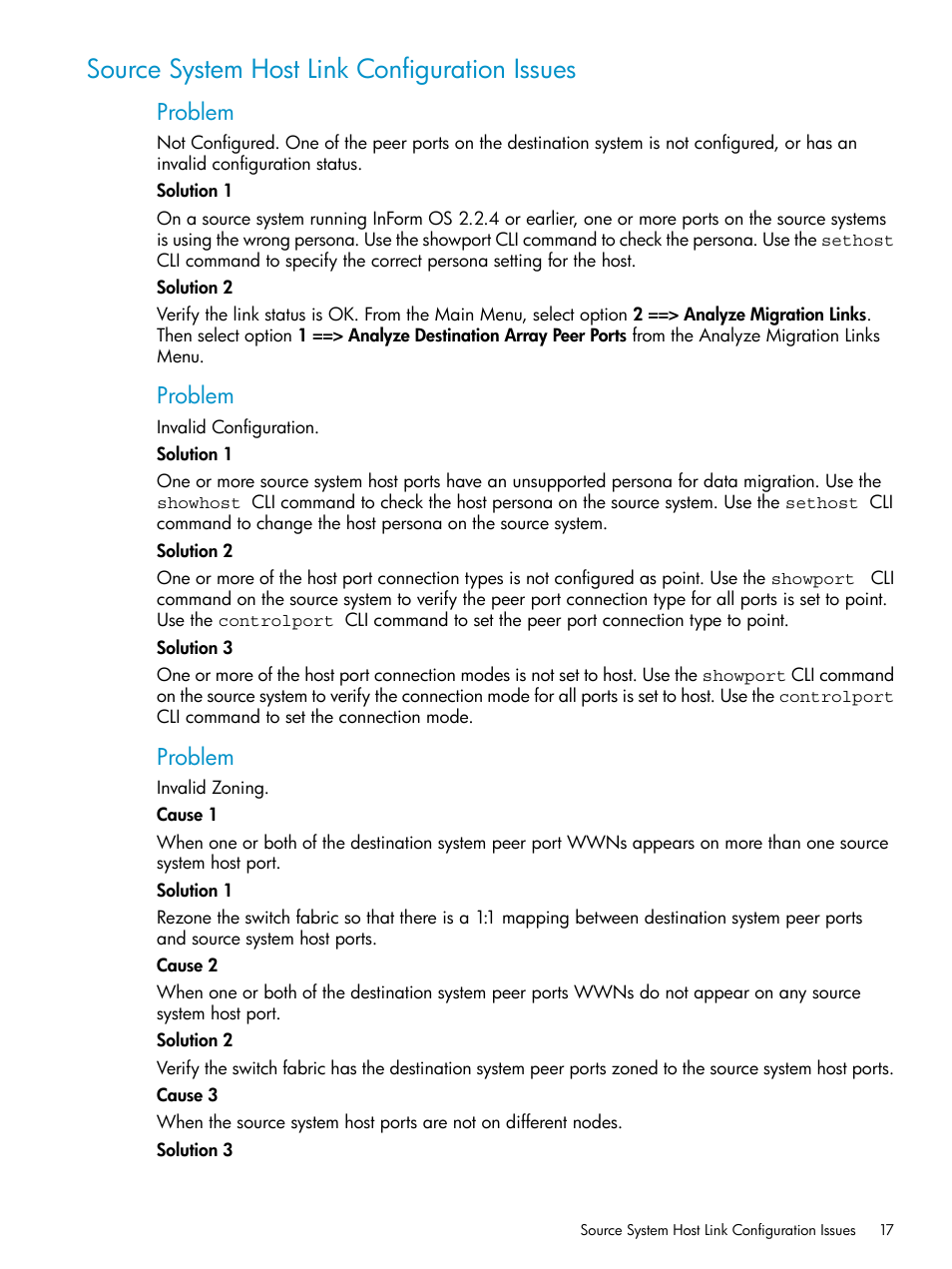 Source system host link configuration issues, Problem | HP 3PAR Operating System Software User Manual | Page 17 / 20