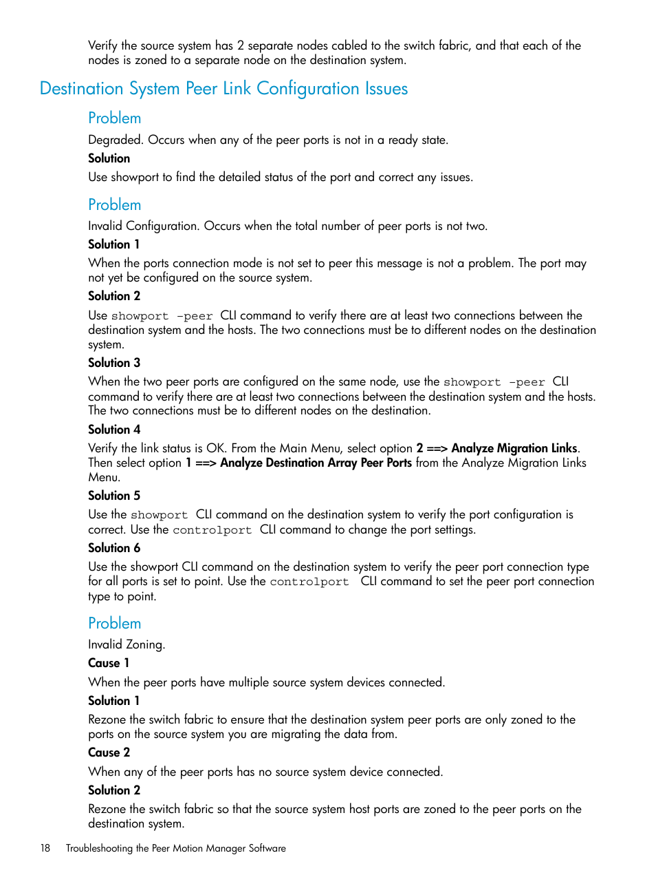 Destination system peer link configuration issues, Problem | HP 3PAR Operating System Software User Manual | Page 18 / 20