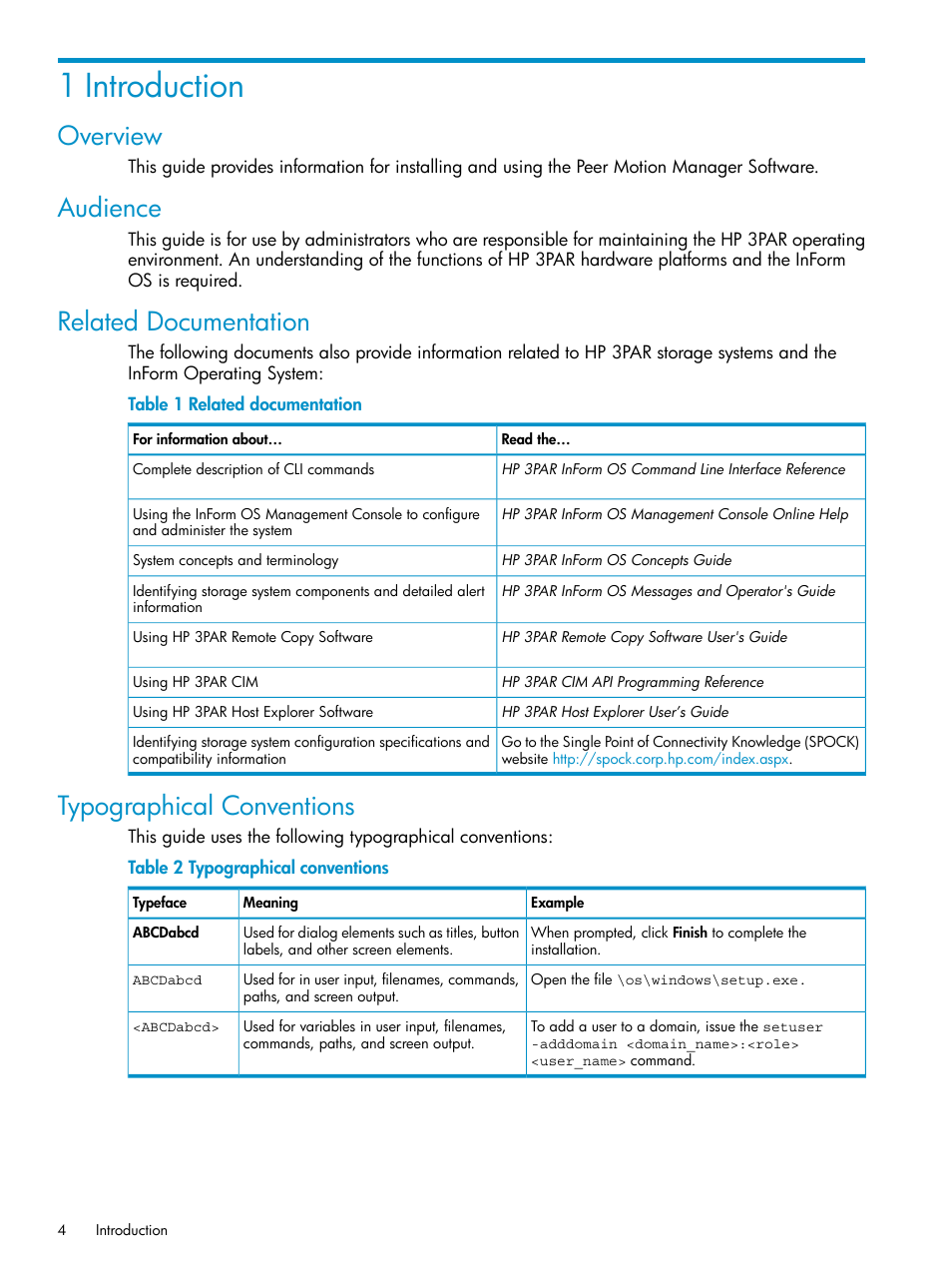 1 introduction, Overview, Audience | Related documentation, Typographical conventions | HP 3PAR Operating System Software User Manual | Page 4 / 20