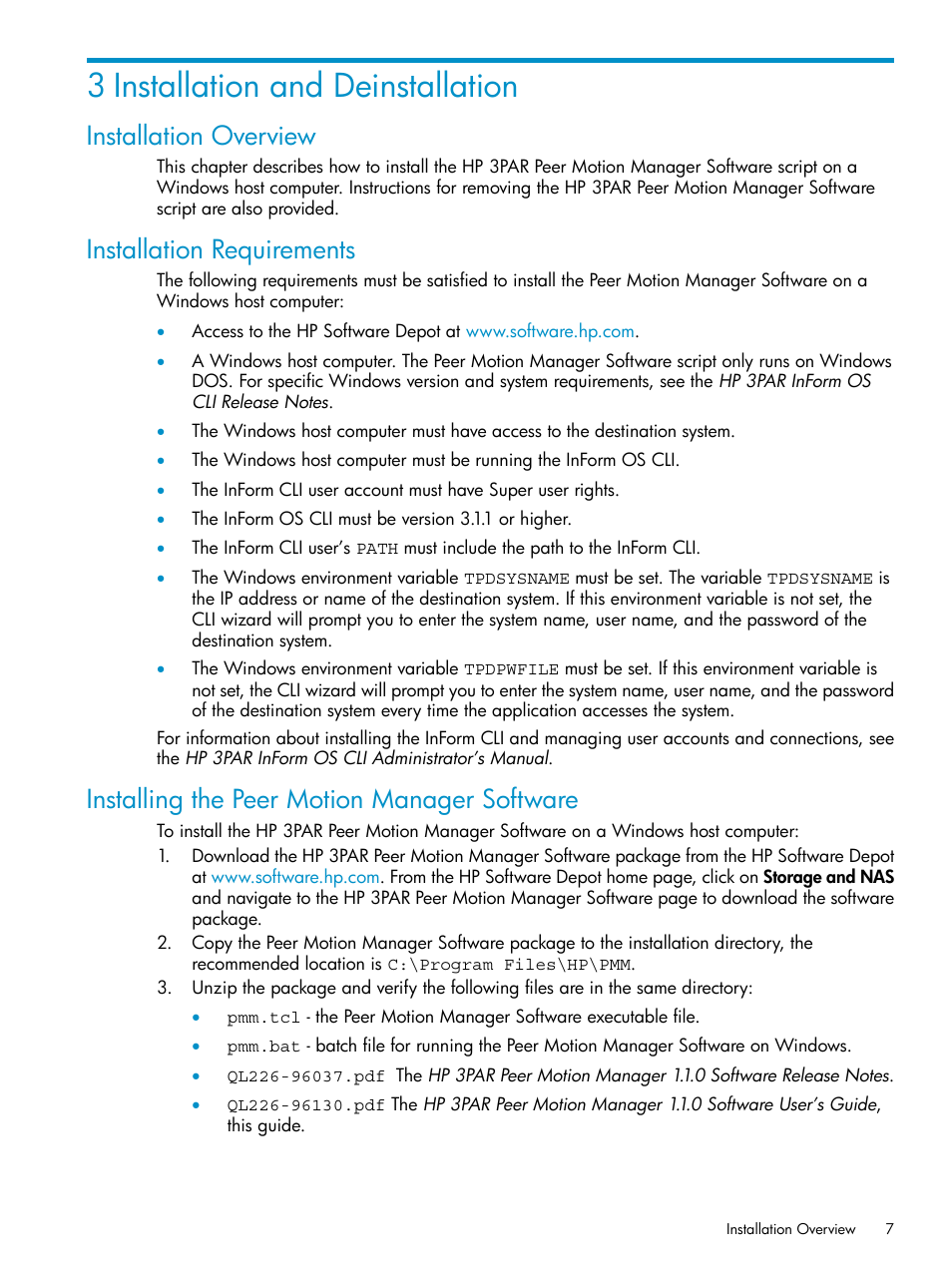 3 installation and deinstallation, Installation overview, Installation requirements | Installing the peer motion manager software | HP 3PAR Operating System Software User Manual | Page 7 / 20