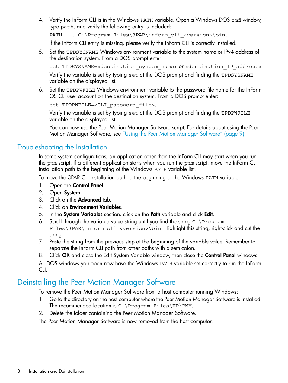 Troubleshooting the installation, Deinstalling the peer motion manager software | HP 3PAR Operating System Software User Manual | Page 8 / 20