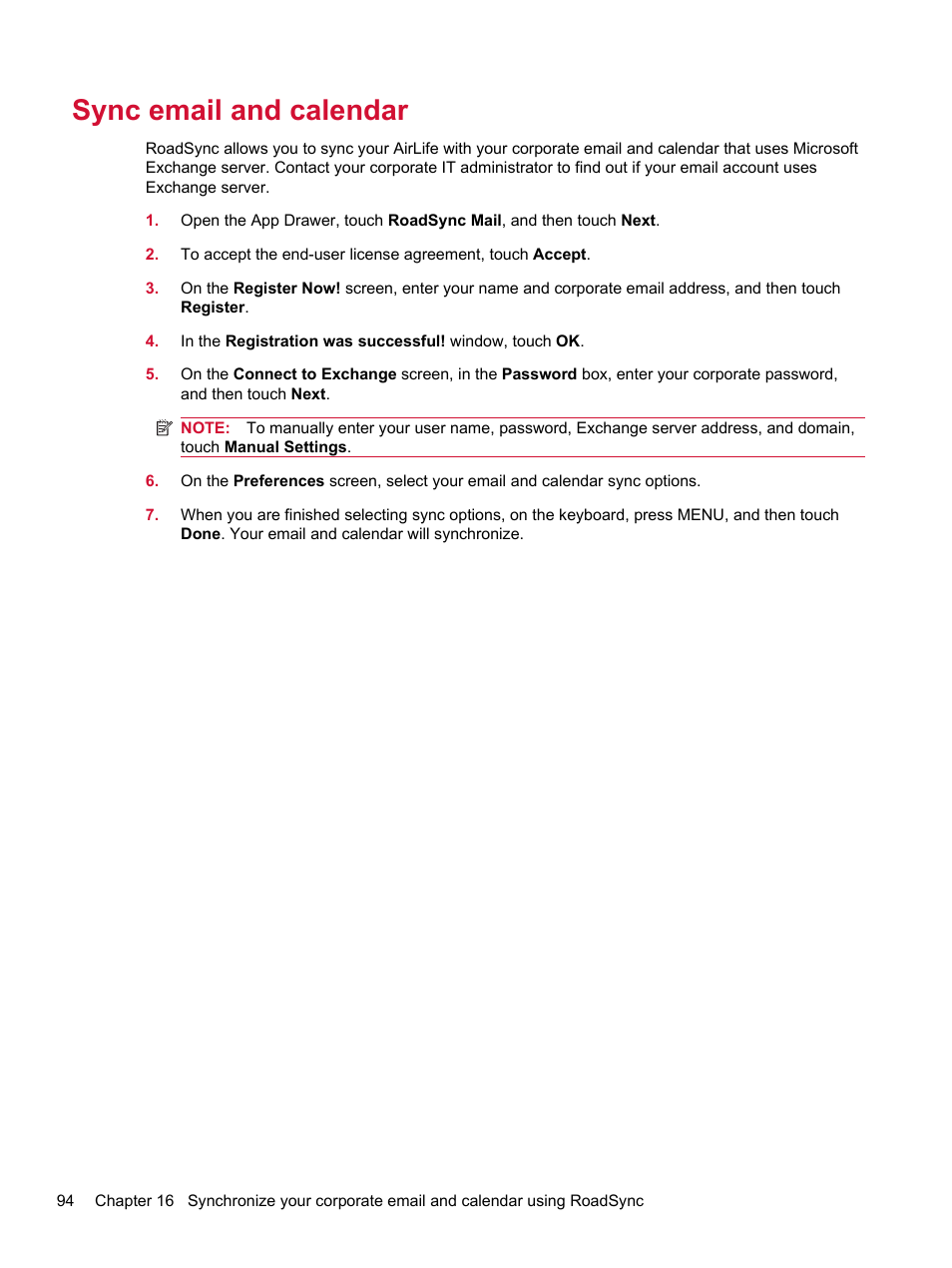 Sync email and calendar | HP Compaq AirLife 100 series User Manual | Page 102 / 117