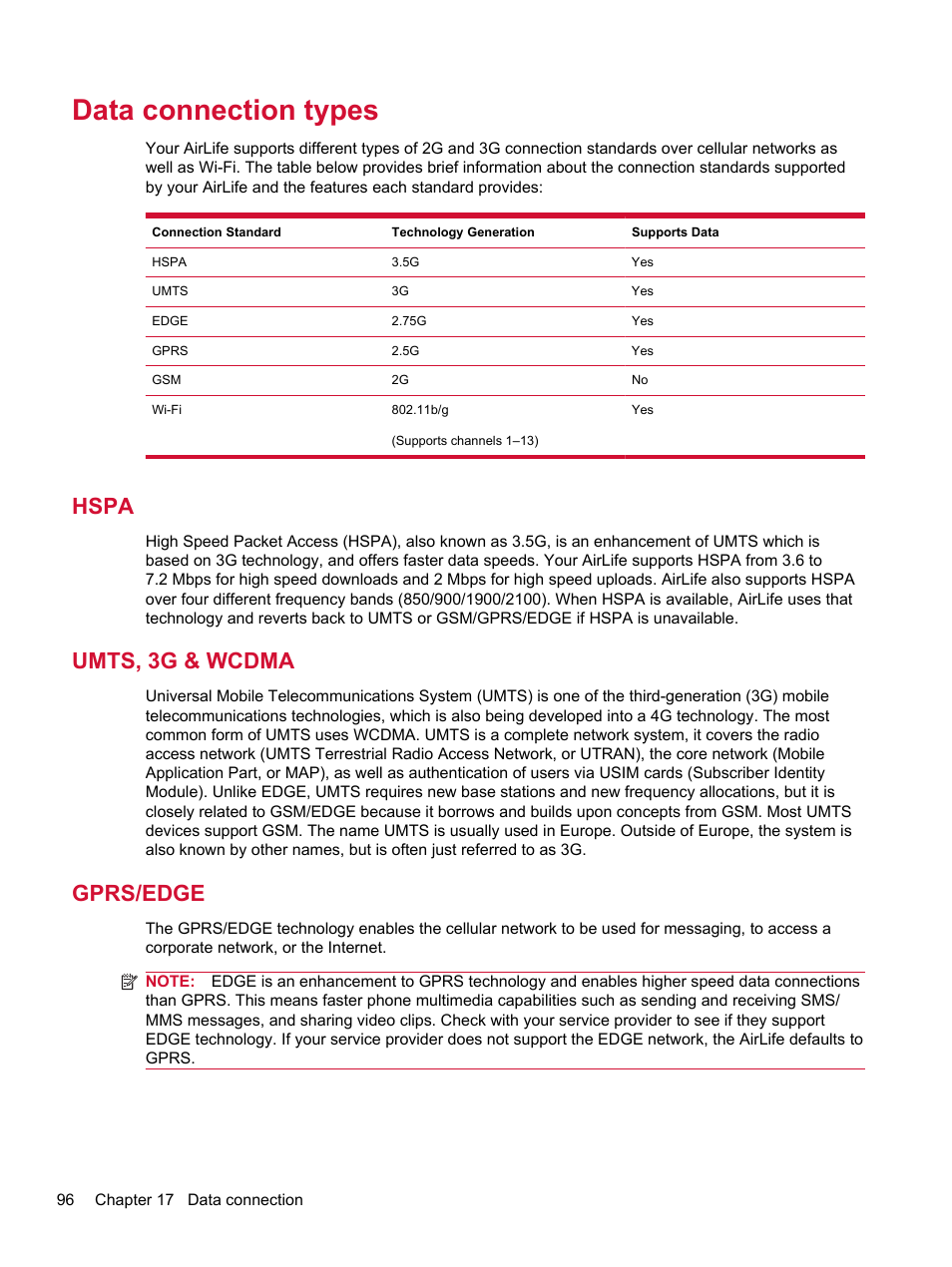 Data connection types, Hspa, Umts, 3g & wcdma | Gprs/edge, Hspa umts, 3g & wcdma gprs/edge | HP Compaq AirLife 100 series User Manual | Page 104 / 117
