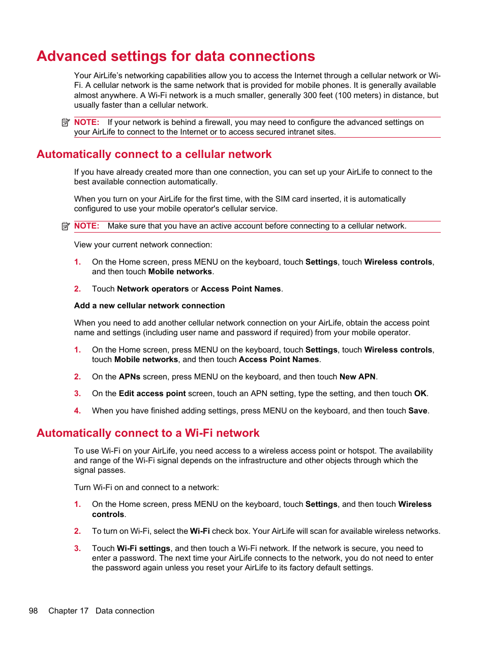 Advanced settings for data connections, Automatically connect to a cellular network, Automatically connect to a wi-fi network | HP Compaq AirLife 100 series User Manual | Page 106 / 117