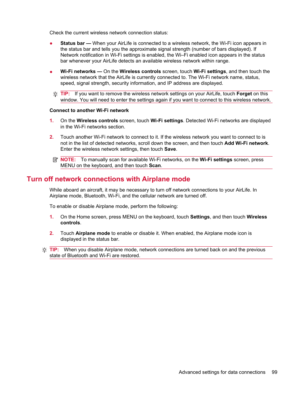 Turn off network connections with airplane mode | HP Compaq AirLife 100 series User Manual | Page 107 / 117