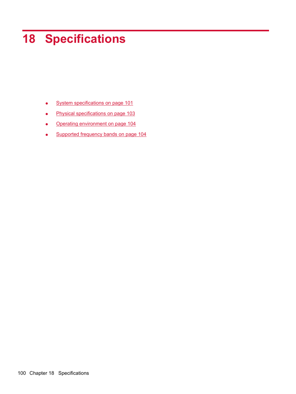 Specifications, 18 specifications | HP Compaq AirLife 100 series User Manual | Page 108 / 117