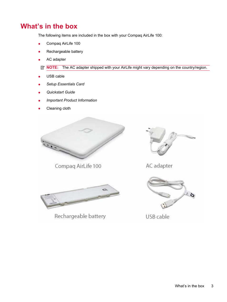 What’s in the box | HP Compaq AirLife 100 series User Manual | Page 11 / 117