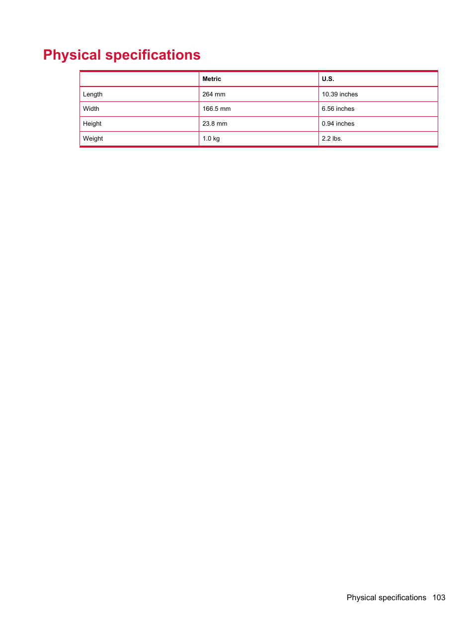 Physical specifications | HP Compaq AirLife 100 series User Manual | Page 111 / 117