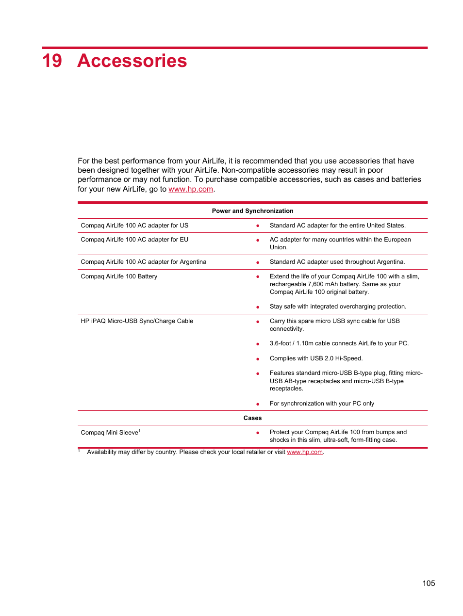 Accessories, 19 accessories | HP Compaq AirLife 100 series User Manual | Page 113 / 117