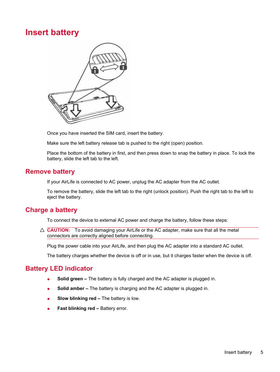 Insert battery, Remove battery, Charge a battery | Battery led indicator | HP Compaq AirLife 100 series User Manual | Page 13 / 117