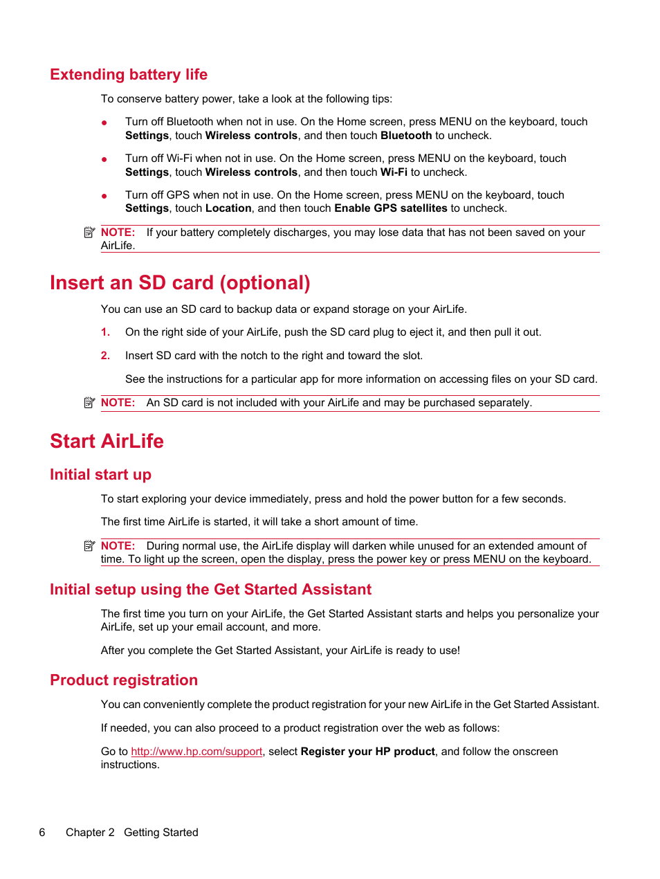 Extending battery life, Insert an sd card (optional), Start airlife | Initial start up, Initial setup using the get started assistant, Product registration, Insert an sd card (optional) start airlife | HP Compaq AirLife 100 series User Manual | Page 14 / 117