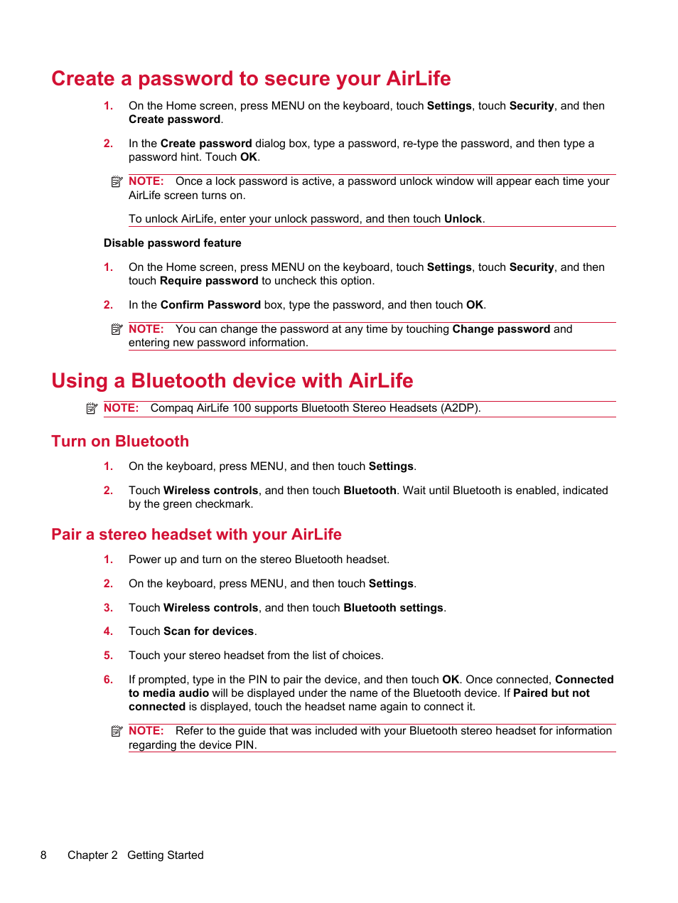 Create a password to secure your airlife, Using a bluetooth device with airlife, Turn on bluetooth | Pair a stereo headset with your airlife | HP Compaq AirLife 100 series User Manual | Page 16 / 117