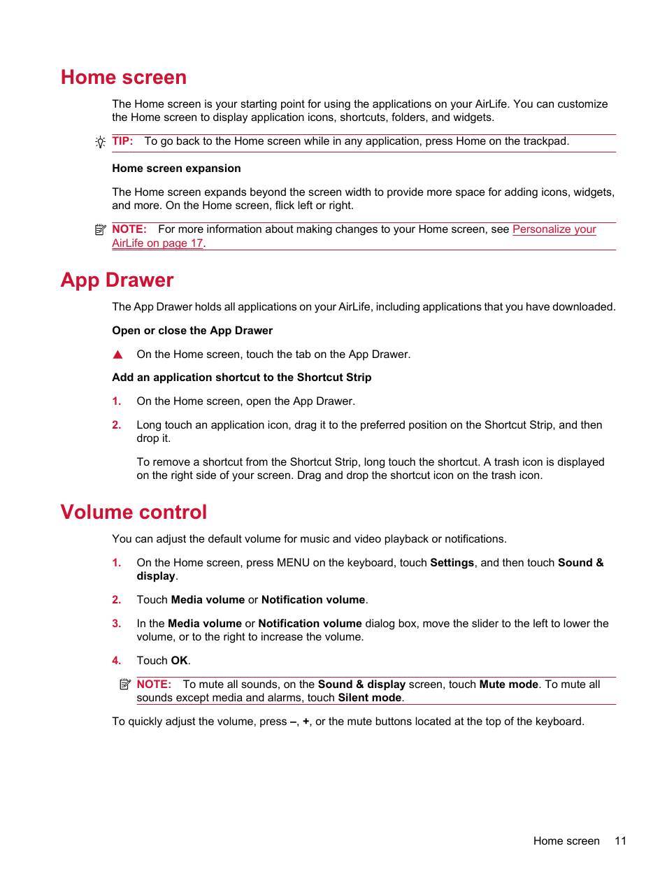 Home screen, App drawer, Volume control | Home screen app drawer volume control | HP Compaq AirLife 100 series User Manual | Page 19 / 117