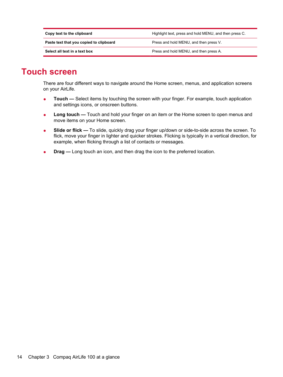 Touch screen | HP Compaq AirLife 100 series User Manual | Page 22 / 117