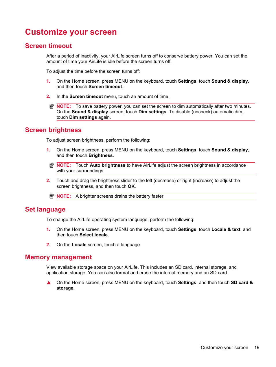 Customize your screen, Screen timeout, Screen brightness | Set language, Memory management | HP Compaq AirLife 100 series User Manual | Page 27 / 117