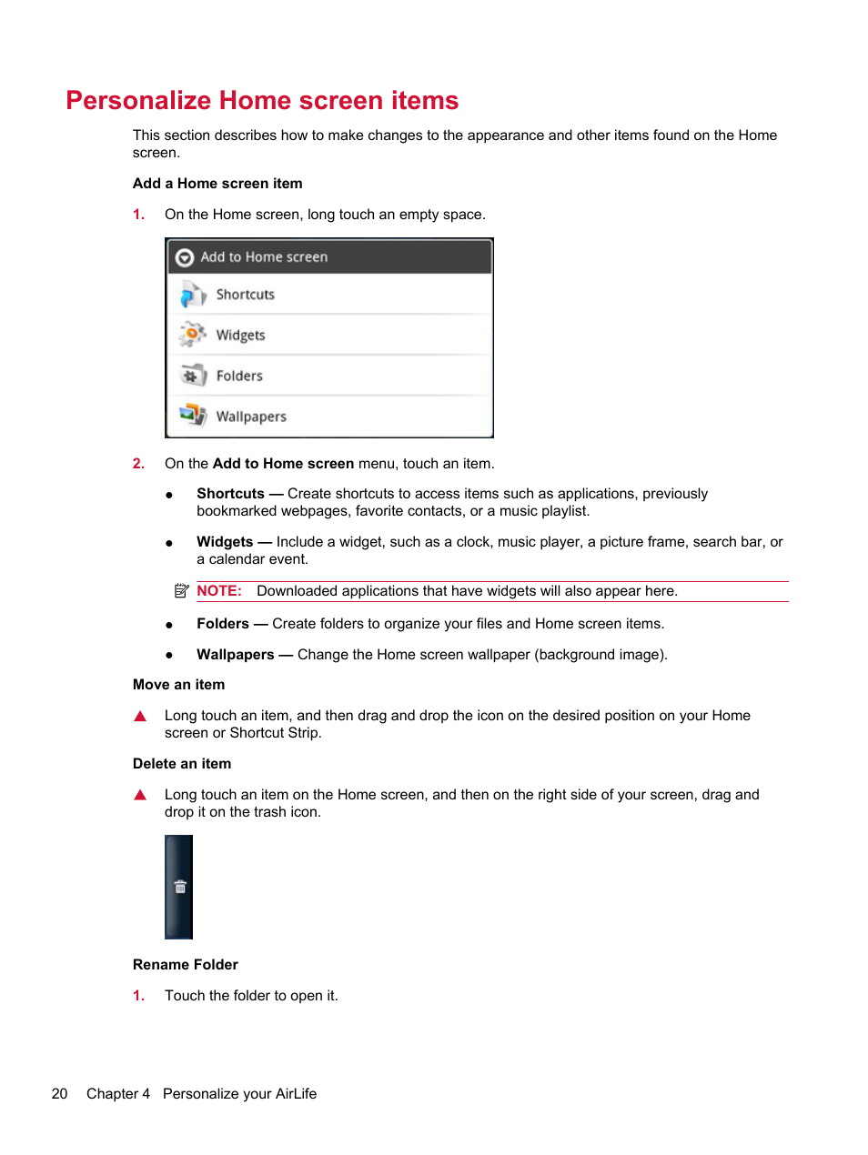 Personalize home screen items | HP Compaq AirLife 100 series User Manual | Page 28 / 117