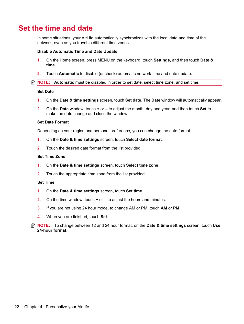 Set the time and date | HP Compaq AirLife 100 series User Manual | Page 30 / 117