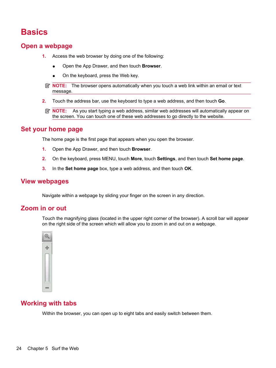 Basics, Zoom in or out, Working with tabs | Open a webpage, Set your home page, View webpages | HP Compaq AirLife 100 series User Manual | Page 32 / 117