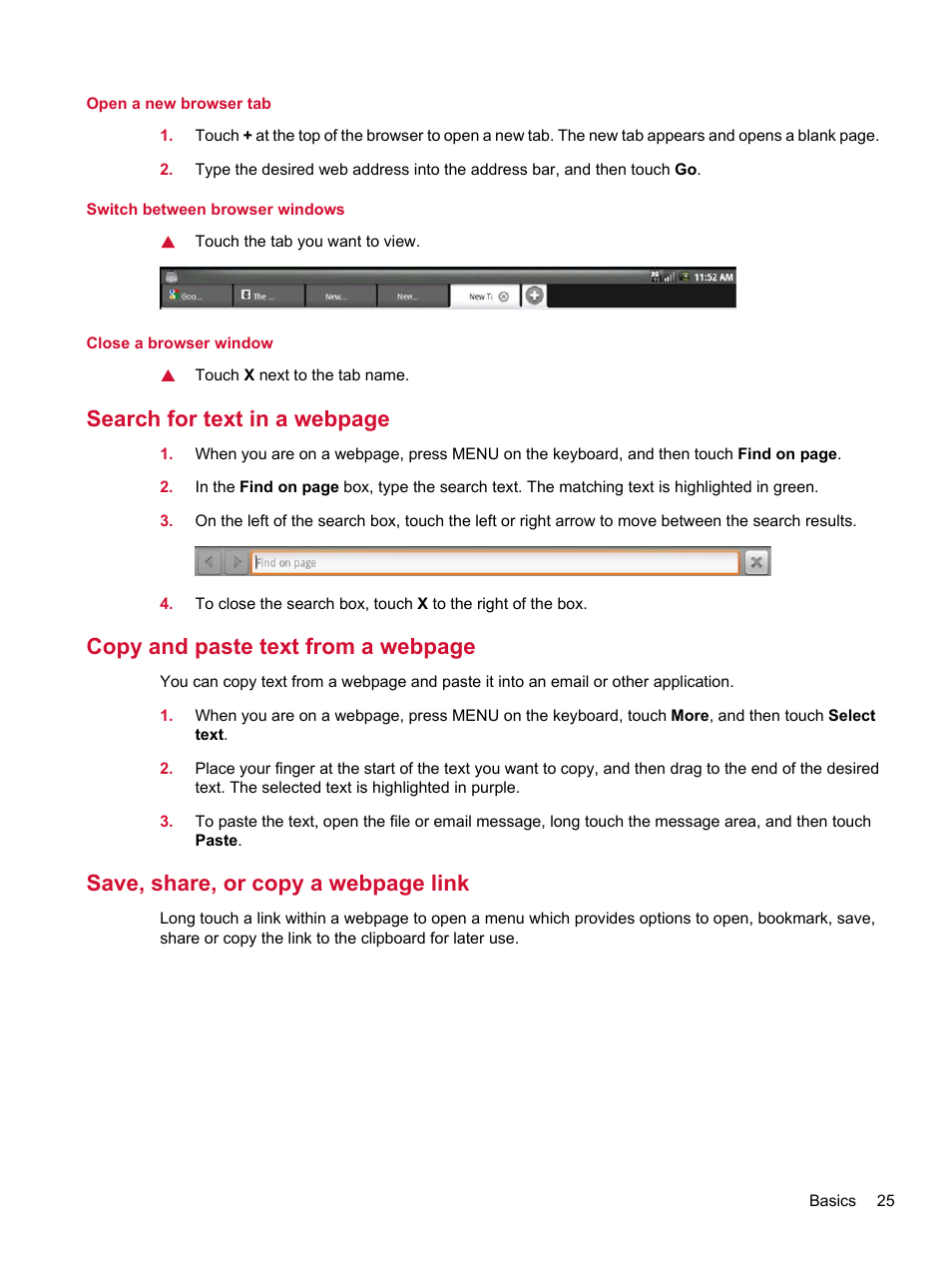 Search for text in a webpage, Copy and paste text from a webpage, Save, share, or copy a webpage link | HP Compaq AirLife 100 series User Manual | Page 33 / 117