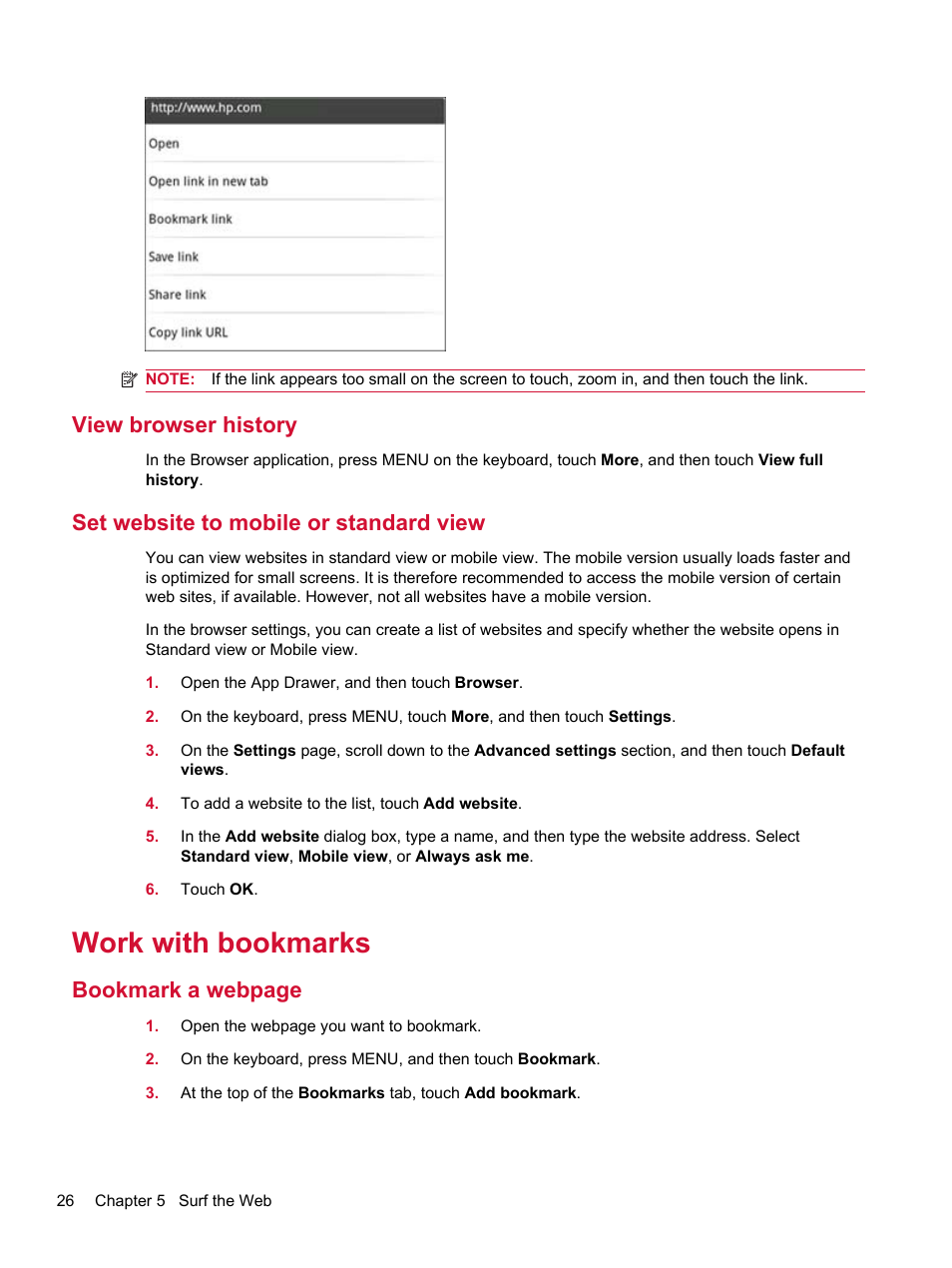 View browser history, Set website to mobile or standard view, Work with bookmarks | Bookmark a webpage | HP Compaq AirLife 100 series User Manual | Page 34 / 117