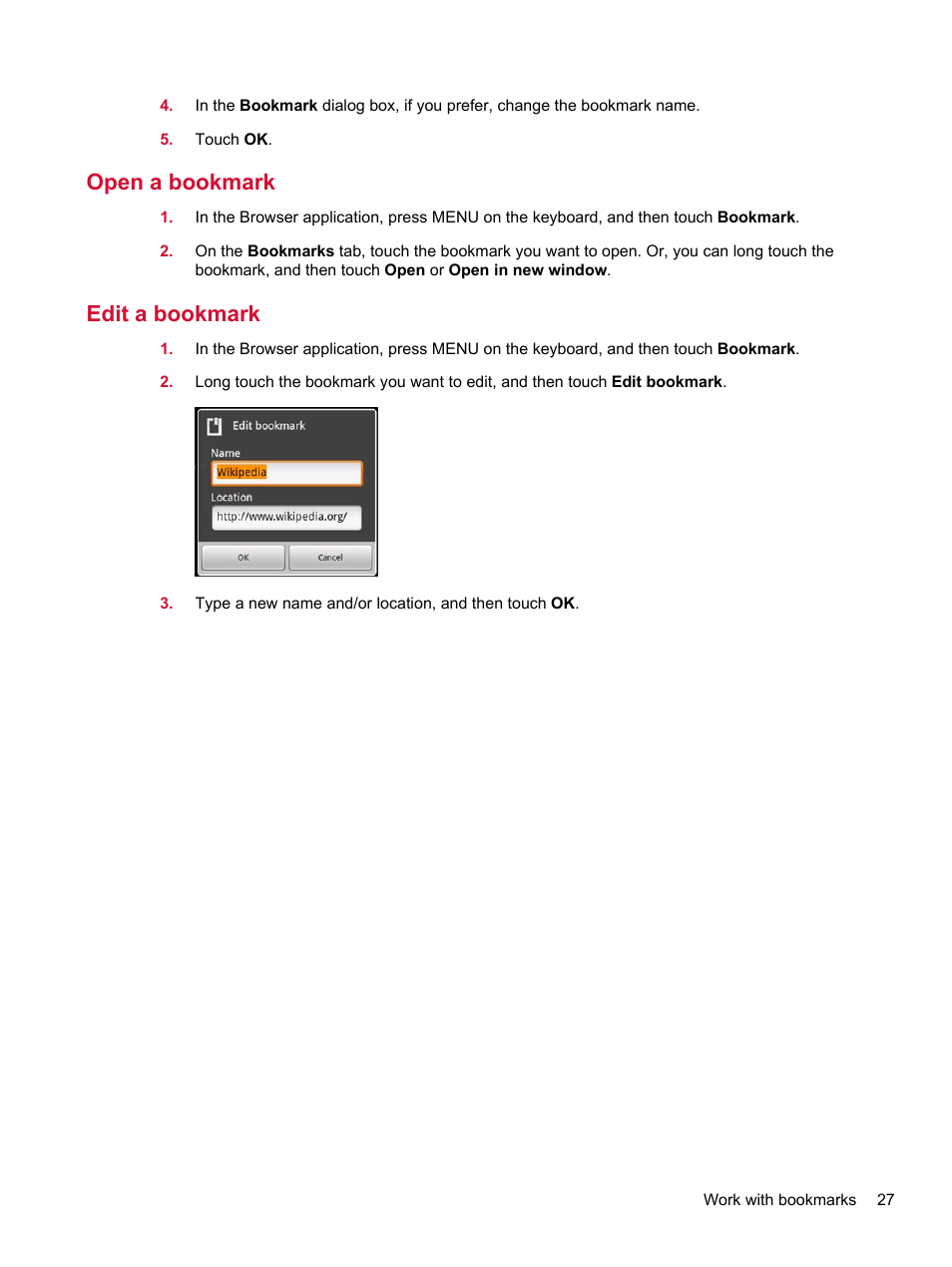 Open a bookmark, Edit a bookmark, Open a bookmark edit a bookmark | HP Compaq AirLife 100 series User Manual | Page 35 / 117