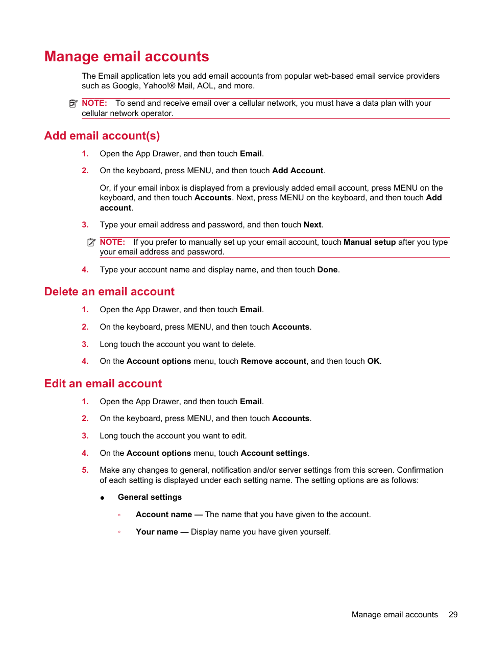 Manage email accounts, Add email account(s), Delete an email account | Edit an email account | HP Compaq AirLife 100 series User Manual | Page 37 / 117