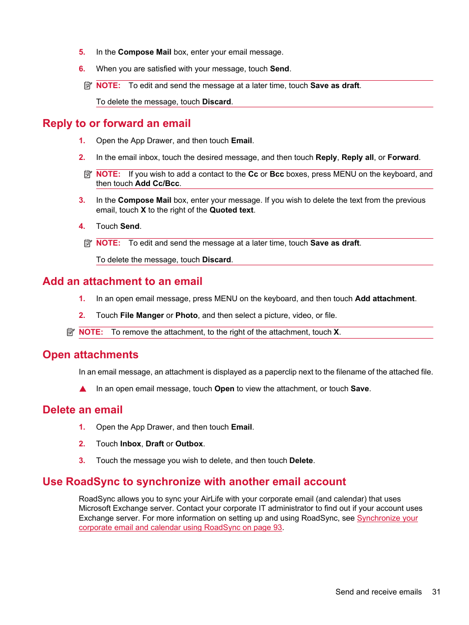 Reply to or forward an email, Add an attachment to an email, Open attachments | Delete an email | HP Compaq AirLife 100 series User Manual | Page 39 / 117