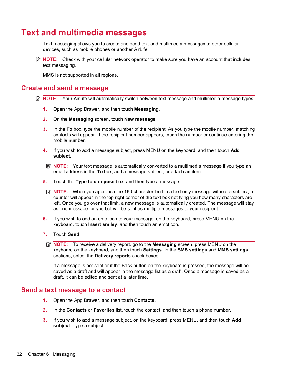 Text and multimedia messages, Create and send a message, Send a text message to a contact | HP Compaq AirLife 100 series User Manual | Page 40 / 117