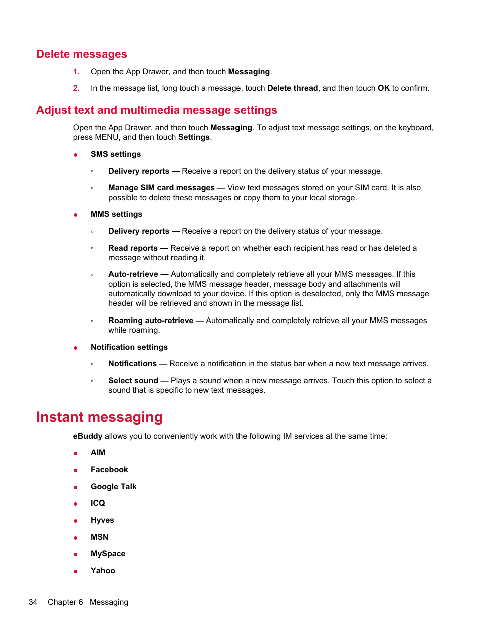 Delete messages, Adjust text and multimedia message settings, Instant messaging | HP Compaq AirLife 100 series User Manual | Page 42 / 117
