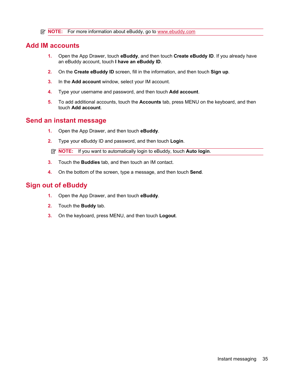 Add im accounts, Send an instant message, Sign out of ebuddy | HP Compaq AirLife 100 series User Manual | Page 43 / 117