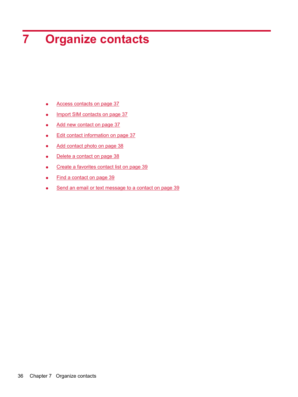 Organize contacts, 7 organize contacts, 7organize contacts | HP Compaq AirLife 100 series User Manual | Page 44 / 117