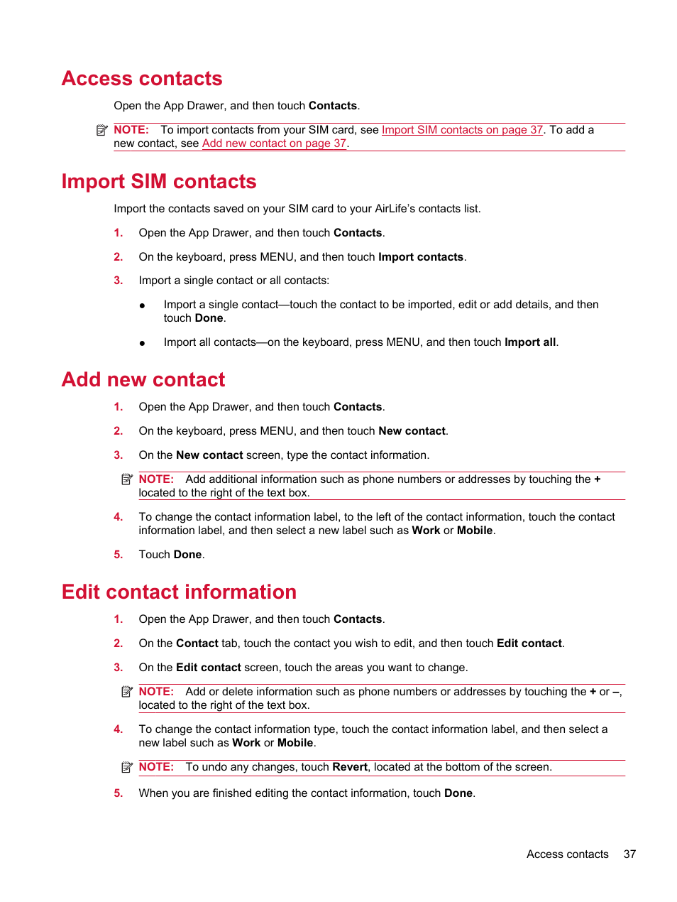 Access contacts, Import sim contacts, Add new contact | Edit contact information | HP Compaq AirLife 100 series User Manual | Page 45 / 117
