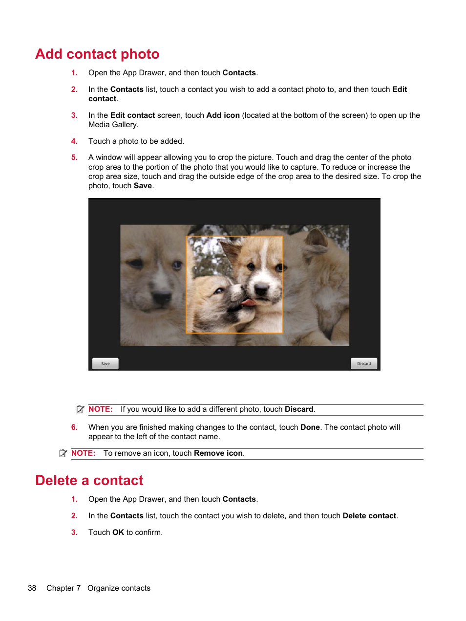Add contact photo, Delete a contact, Add contact photo delete a contact | HP Compaq AirLife 100 series User Manual | Page 46 / 117