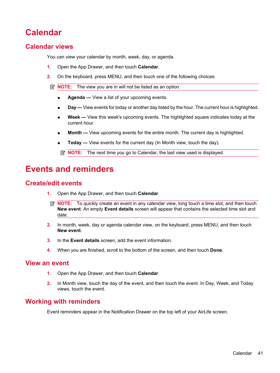 Calendar, Calendar views, Events and reminders | Create/edit events, View an event, Working with reminders | HP Compaq AirLife 100 series User Manual | Page 49 / 117