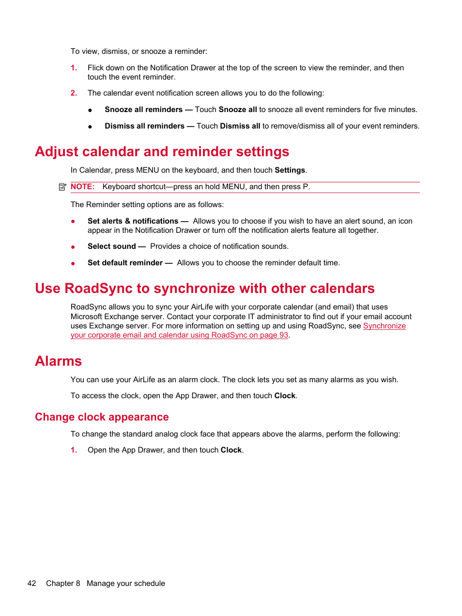 Adjust calendar and reminder settings, Use roadsync to synchronize with other calendars, Alarms | Change clock appearance | HP Compaq AirLife 100 series User Manual | Page 50 / 117