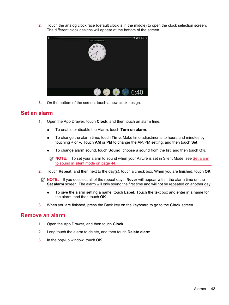 Set an alarm, Remove an alarm, Set an alarm remove an alarm | HP Compaq AirLife 100 series User Manual | Page 51 / 117