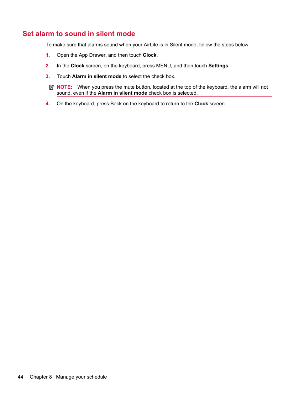 Set alarm to sound in silent mode, Set alarm | HP Compaq AirLife 100 series User Manual | Page 52 / 117