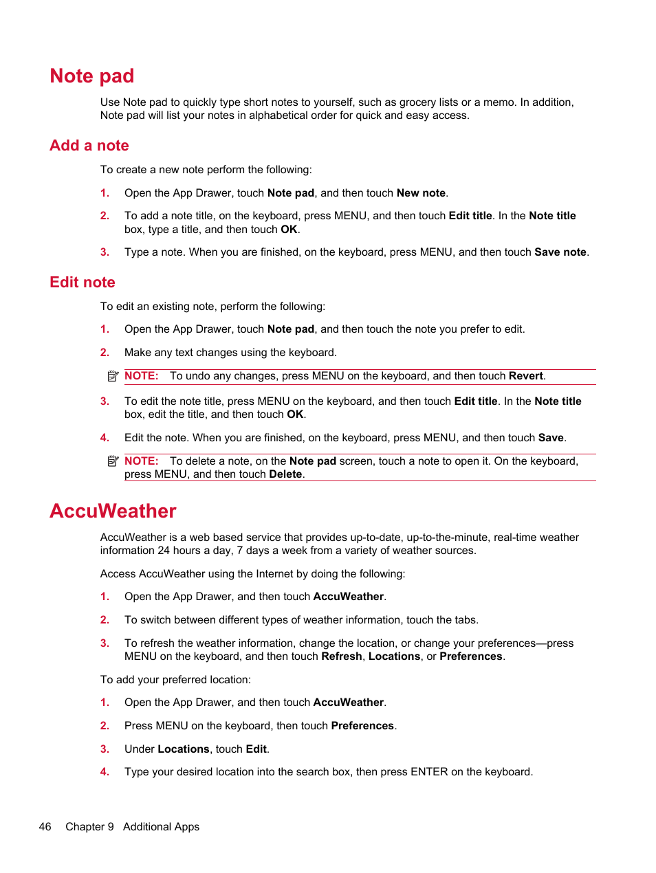 Note pad, Add a note, Edit note | Accuweather, Add a note edit note | HP Compaq AirLife 100 series User Manual | Page 54 / 117