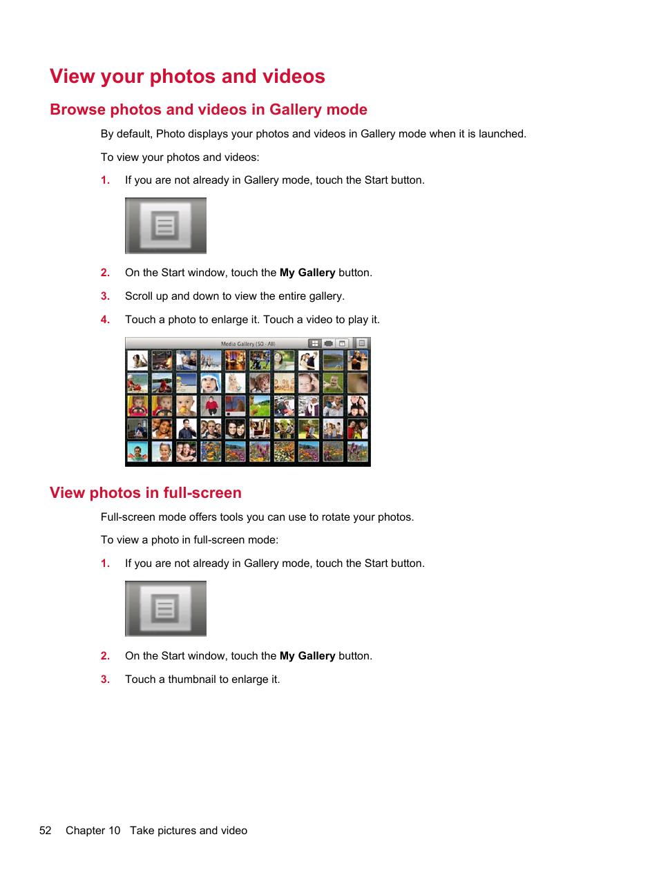 View your photos and videos, Browse photos and videos in gallery mode, View photos in full-screen | HP Compaq AirLife 100 series User Manual | Page 60 / 117