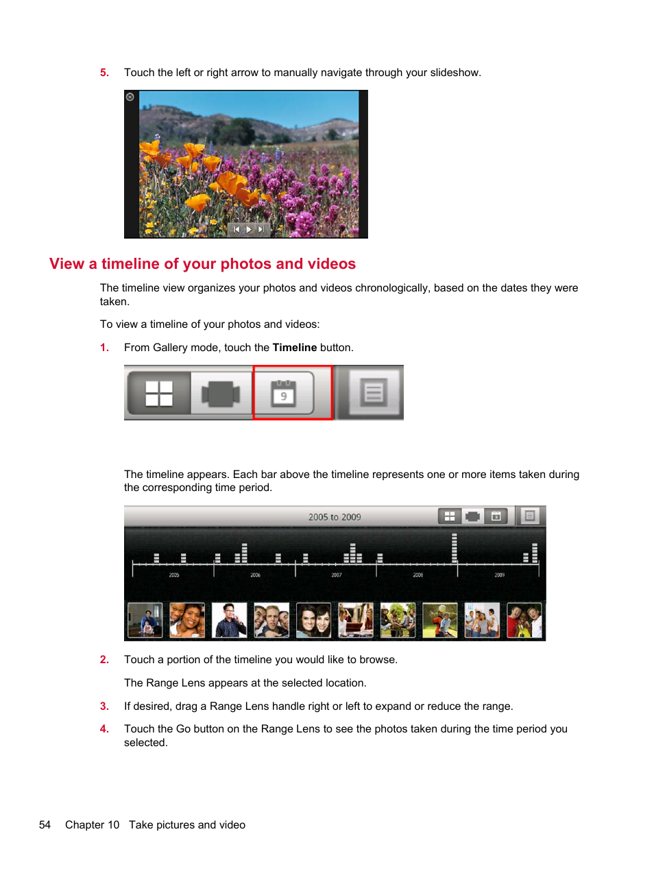 View a timeline of your photos and videos | HP Compaq AirLife 100 series User Manual | Page 62 / 117