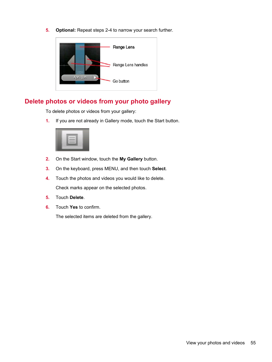 Delete photos or videos from your photo gallery | HP Compaq AirLife 100 series User Manual | Page 63 / 117