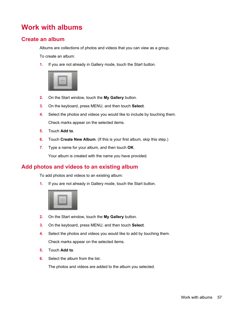 Work with albums, Create an album, Add photos and videos to an existing album | HP Compaq AirLife 100 series User Manual | Page 65 / 117