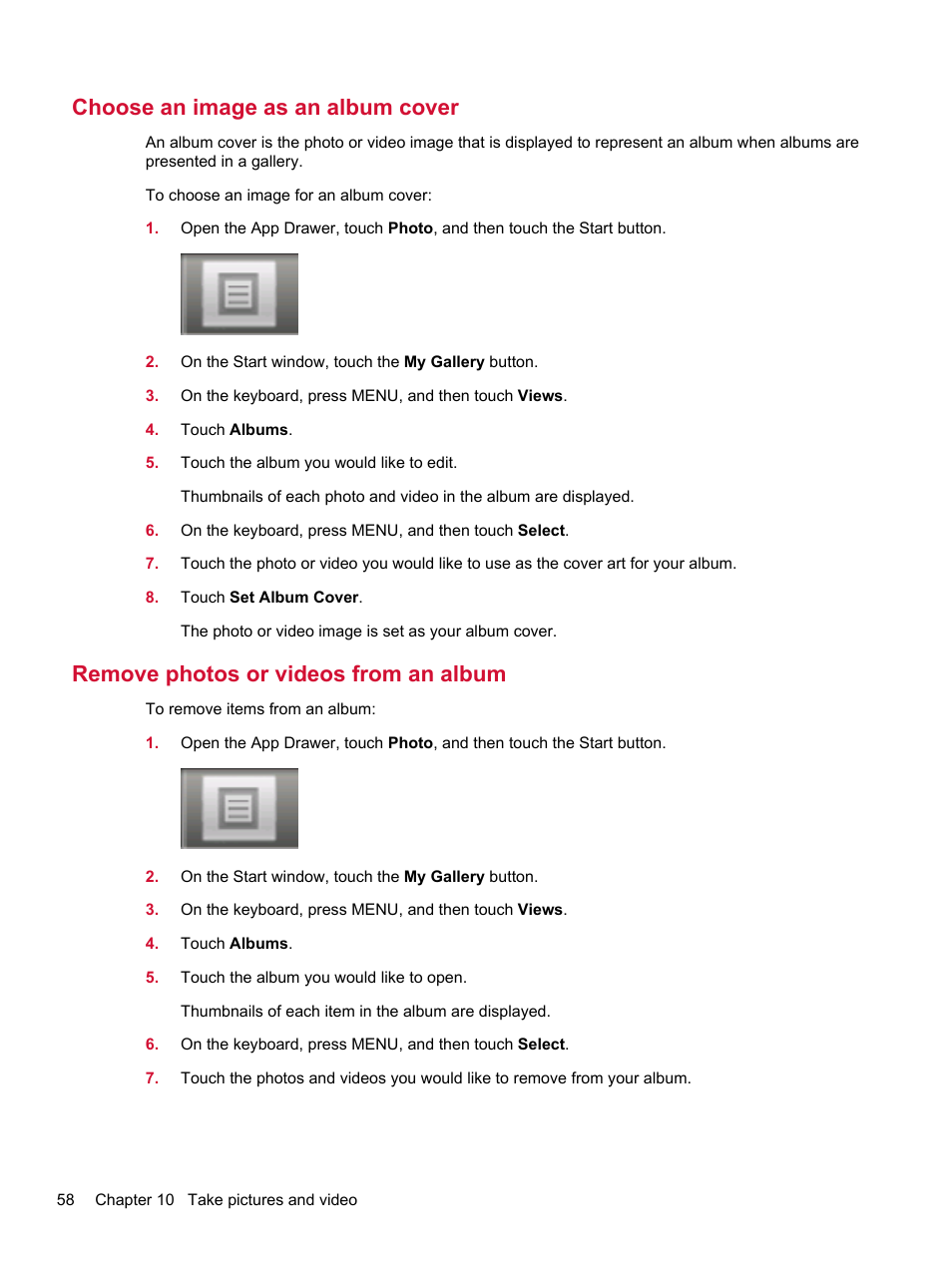 Choose an image as an album cover, Remove photos or videos from an album | HP Compaq AirLife 100 series User Manual | Page 66 / 117