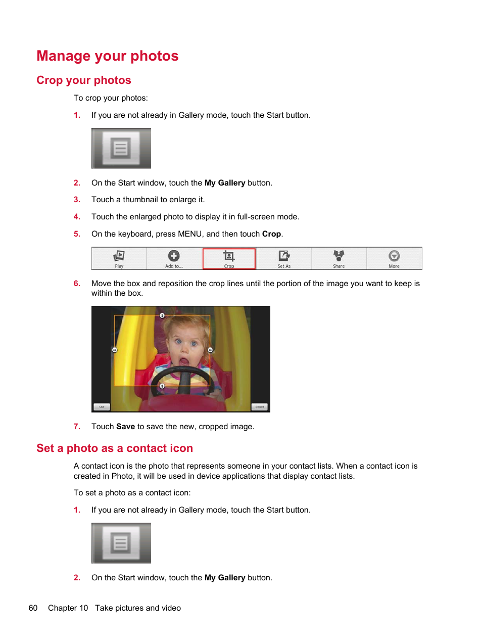 Manage your photos, Crop your photos, Set a photo as a contact icon | Crop your photos set a photo as a contact icon | HP Compaq AirLife 100 series User Manual | Page 68 / 117