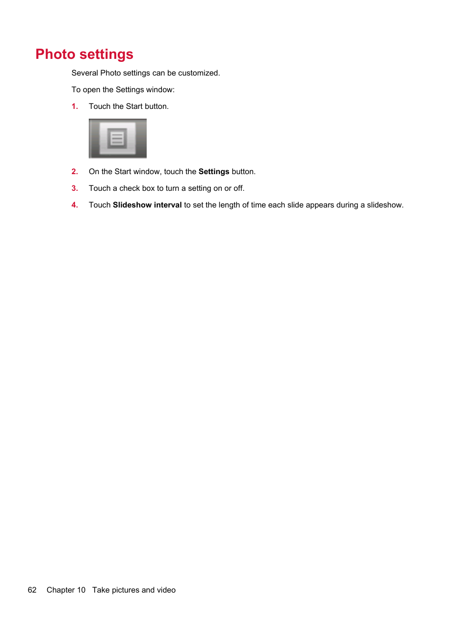 Photo settings | HP Compaq AirLife 100 series User Manual | Page 70 / 117